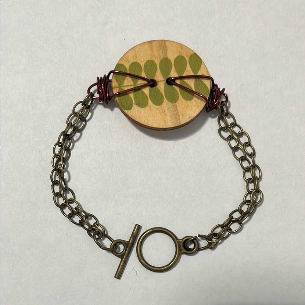 Wooden Bracelet with Green and Brown Accents